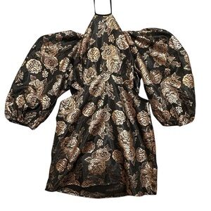 River Island Metallic Gold Black Rose Cut Out Mini Dress NWT Size 16 Baroque